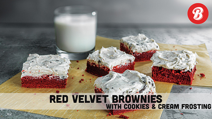 Red Velvet Brownies with Cookies and Cream Frosting