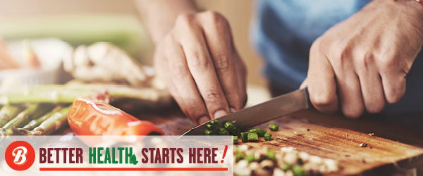 A photo of hands chopping vegetables with a graphic logo featuring a Brookshire Brothers logo and the text Better Health Starts Here