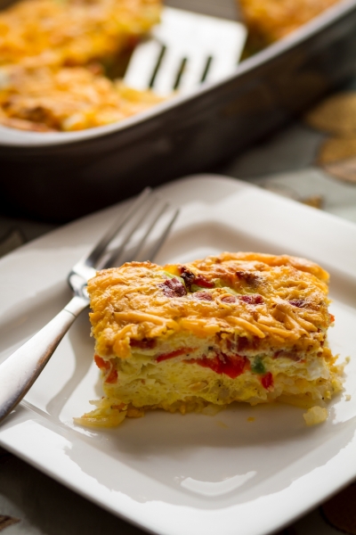 A serving of breakfast casserole on a plate