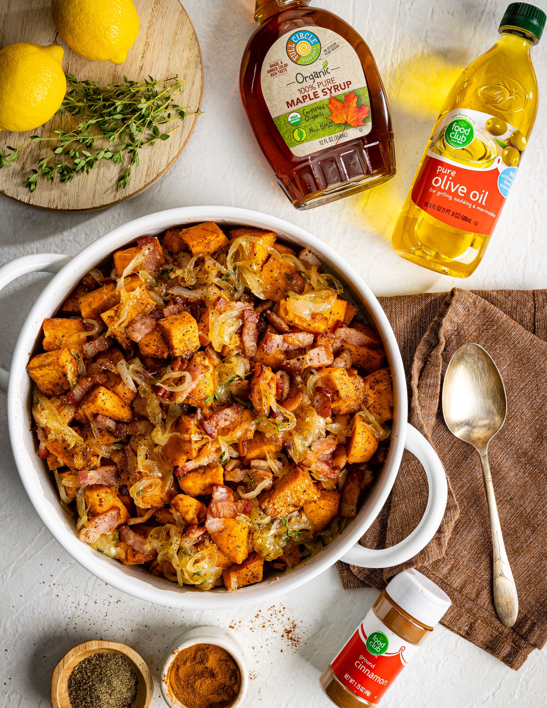 Roasted Maple Sweet Potatoes with Caramelized Onions & Bacon