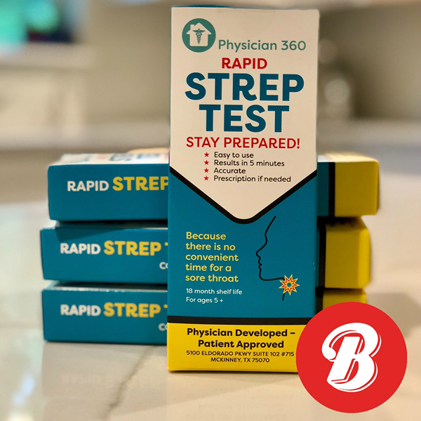 Several Physician 360 Rapid Strep Test kits sitting on a counter.