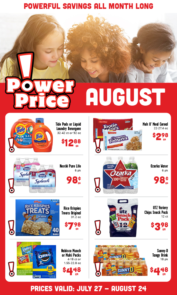 A graphic of August's Power Price Items