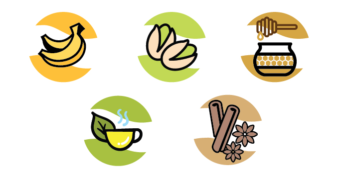 Possible milk mix-in ideas, including banana, pistachios, honey, chocolate, and green tea.