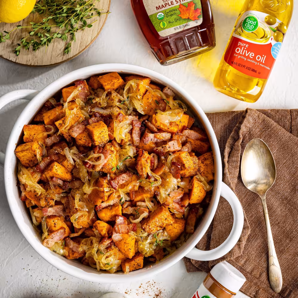 Roasted Maple Sweet Potatoes with Caramelized Onions & Bacon