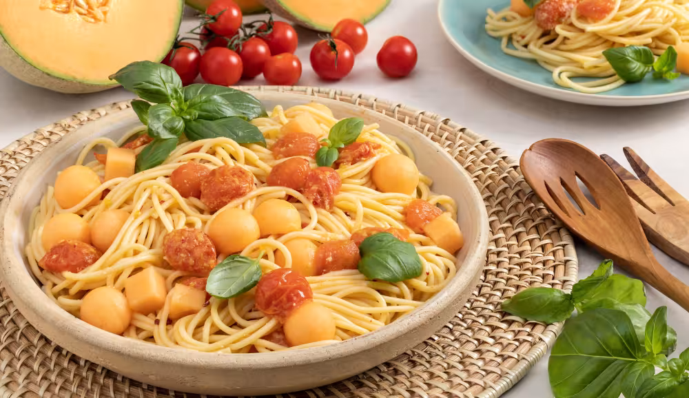 Spaghetti with Cantaloupe & Cherry Tomatoes