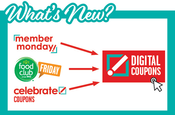 A graphic depicting how Digital Coupons will replace Member Monday, Food Club Friday, and Celebrate Coupons.